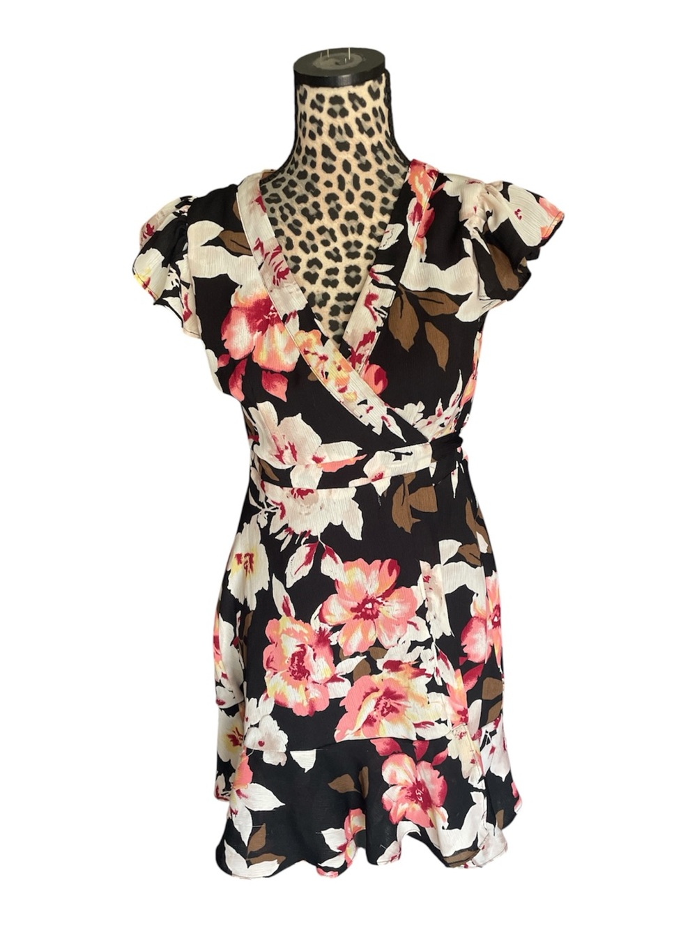 miami Black Floral Wrap Mini Dress with Pink & Cream Blooms